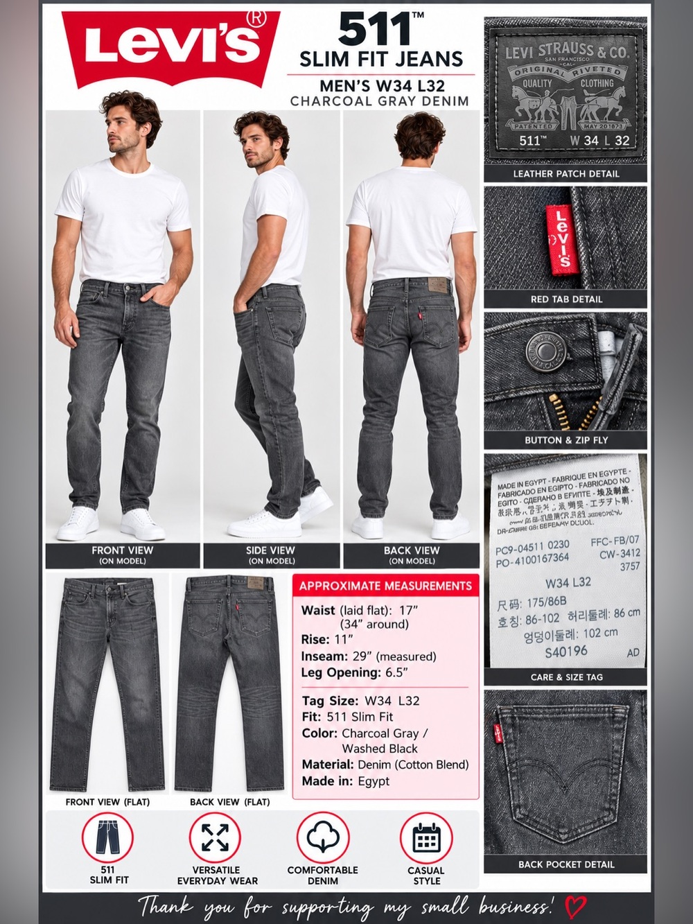 Levi’s 511 Men’s Slim Fit Jeans W34 L32 Charcoal Gray Black Washed Denim